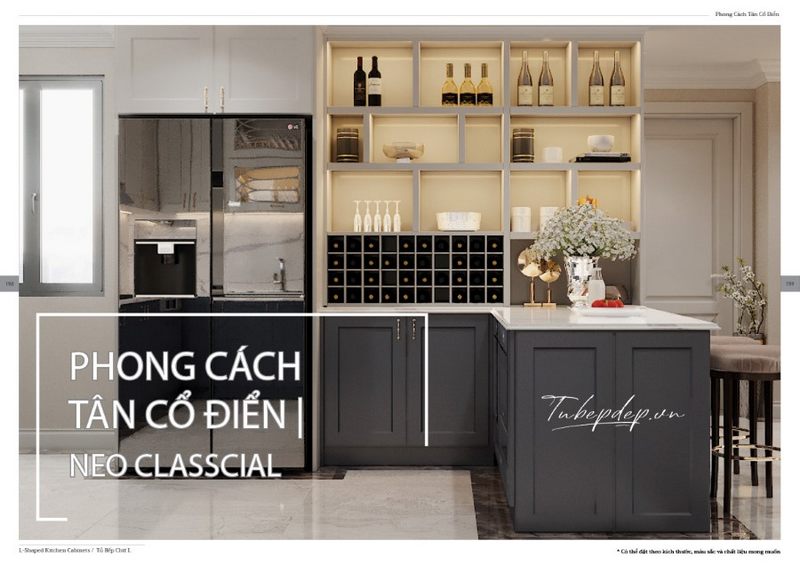 Phong cách tân cổ điển tạo nên mẫu tủ bếp màu xám xanh vừa đủ để tạo vẻ đẹp vừa tăng sự tiện nghi cho không gian nội trợ của chung cư